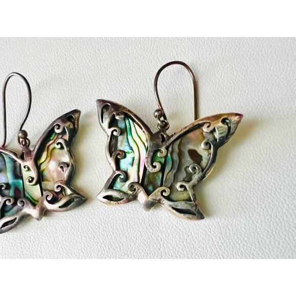 Vintage Sterling Silver Butterfly Earrings Abalone Inlay Dangle 925 CFJ Thai - Picture 2 of 10
